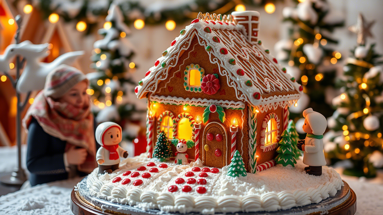 Gingerbread house cake centrepiece with piped snow and candy detailing